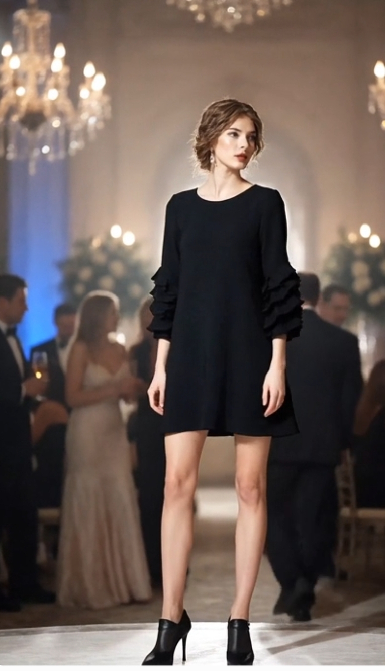 Pure Color Black Cha Cha 3/4 Sleeve Crew Neck Mini Dress S 2 Pockets Excellent
